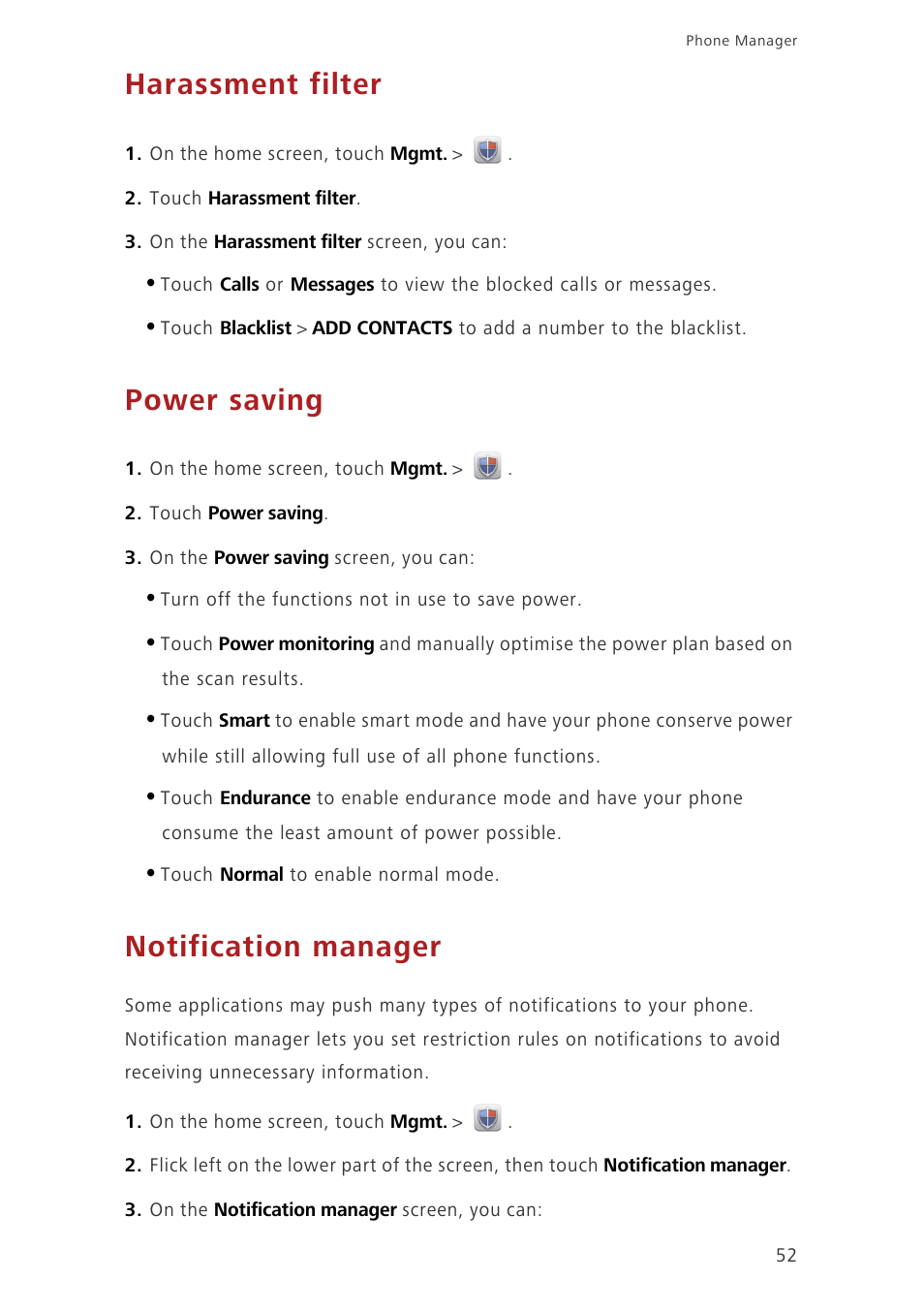 Harassment filter, Power saving, Notification manager | Huawei Ascend G630-U20 User Guide User Manual | Page 56 / 69