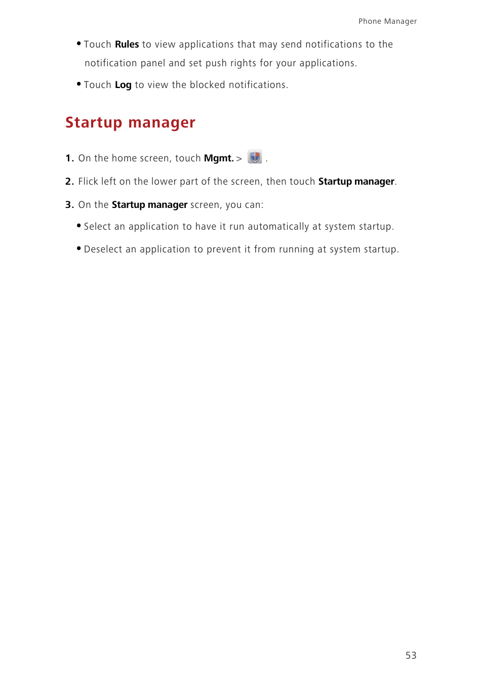 Startup manager | Huawei Ascend G630-U20 User Guide User Manual | Page 57 / 69