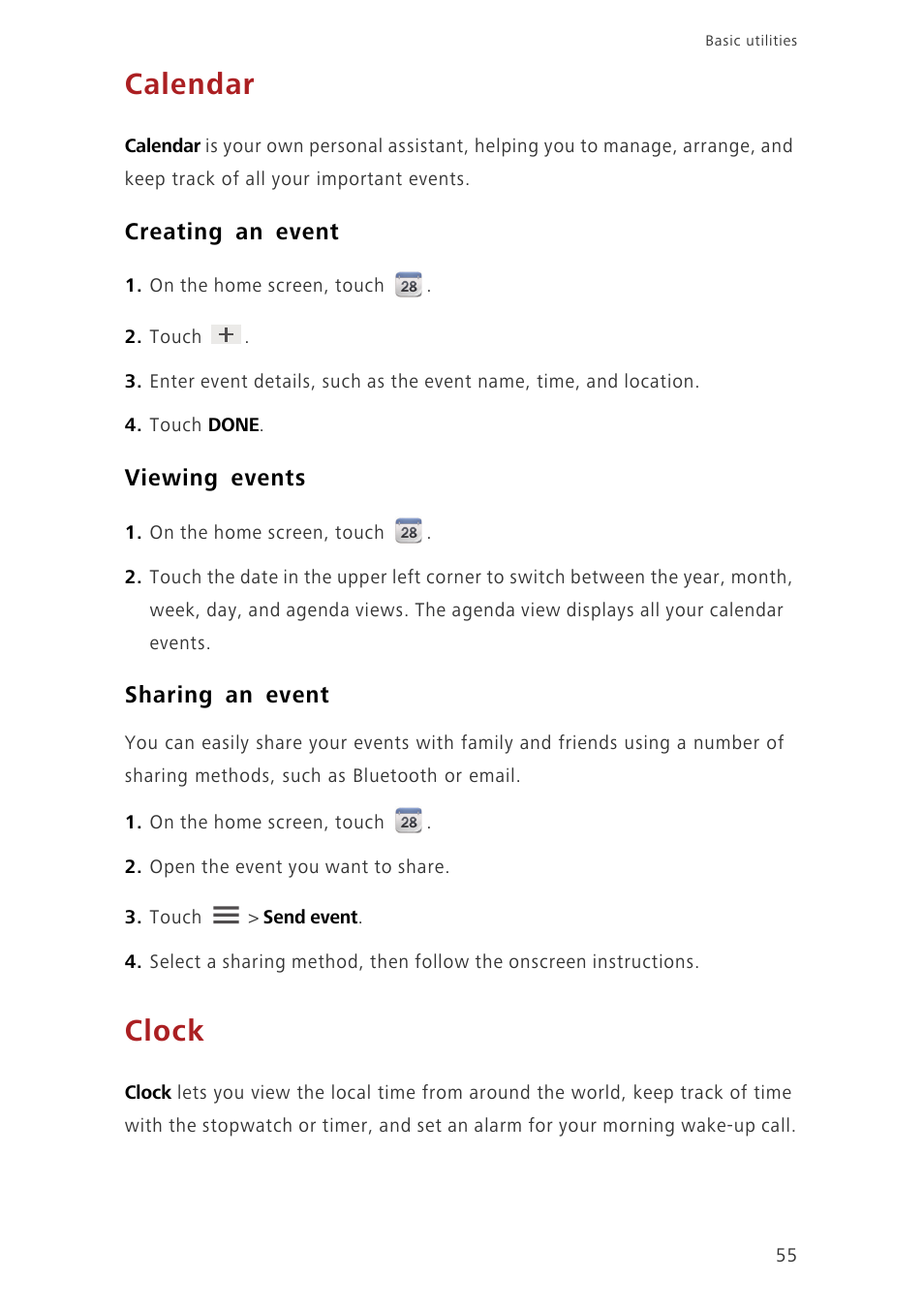 Calendar, Creating an event, Viewing events | Sharing an event, Clock | Huawei Ascend G630-U20 User Guide User Manual | Page 59 / 69