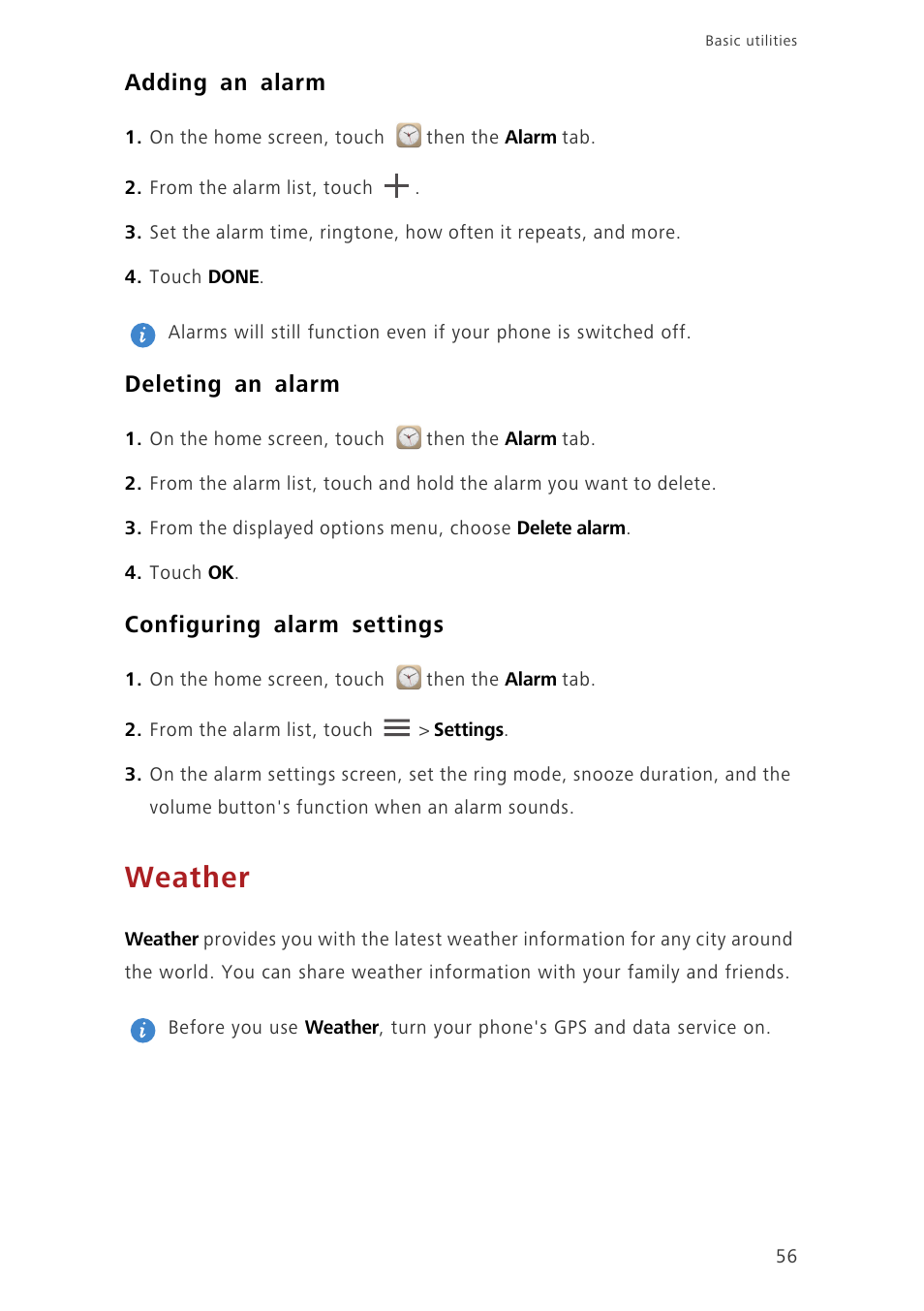 Adding an alarm, Deleting an alarm, Configuring alarm settings | Weather | Huawei Ascend G630-U20 User Guide User Manual | Page 60 / 69