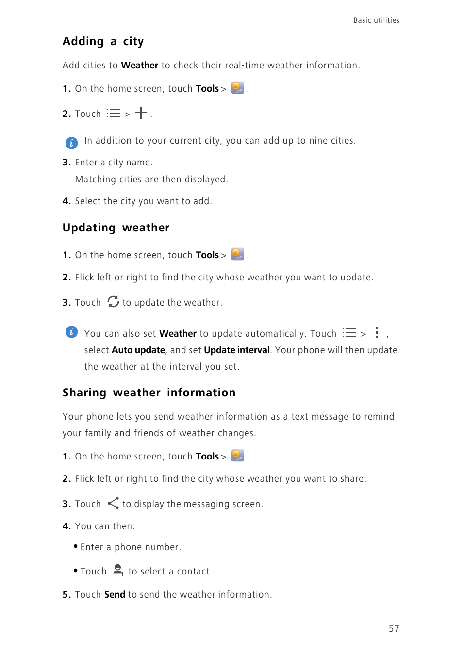 Adding a city, Updating weather, Sharing weather information | Huawei Ascend G630-U20 User Guide User Manual | Page 61 / 69