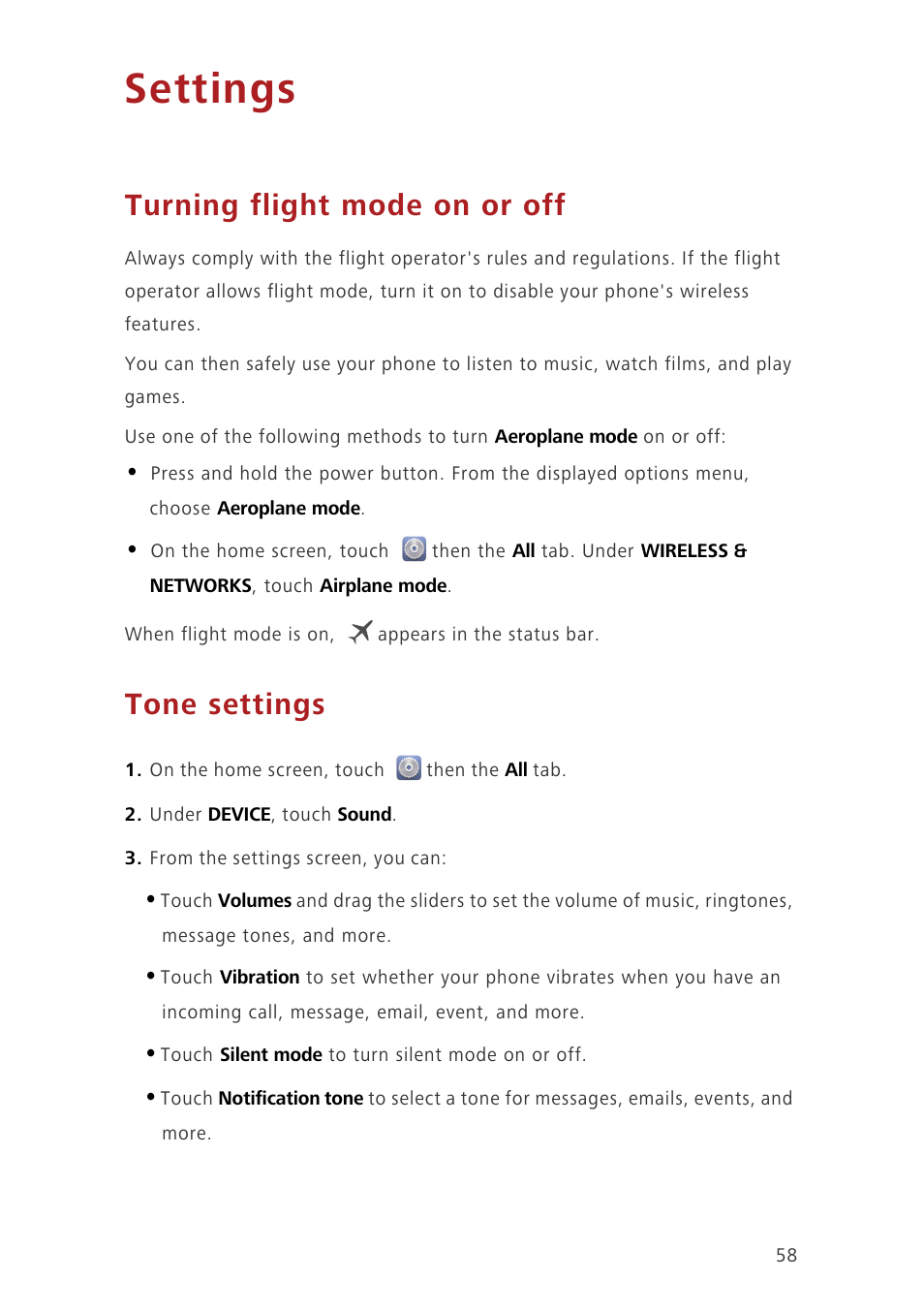 Settings, Turning flight mode on or off, Tone settings | Huawei Ascend G630-U20 User Guide User Manual | Page 62 / 69