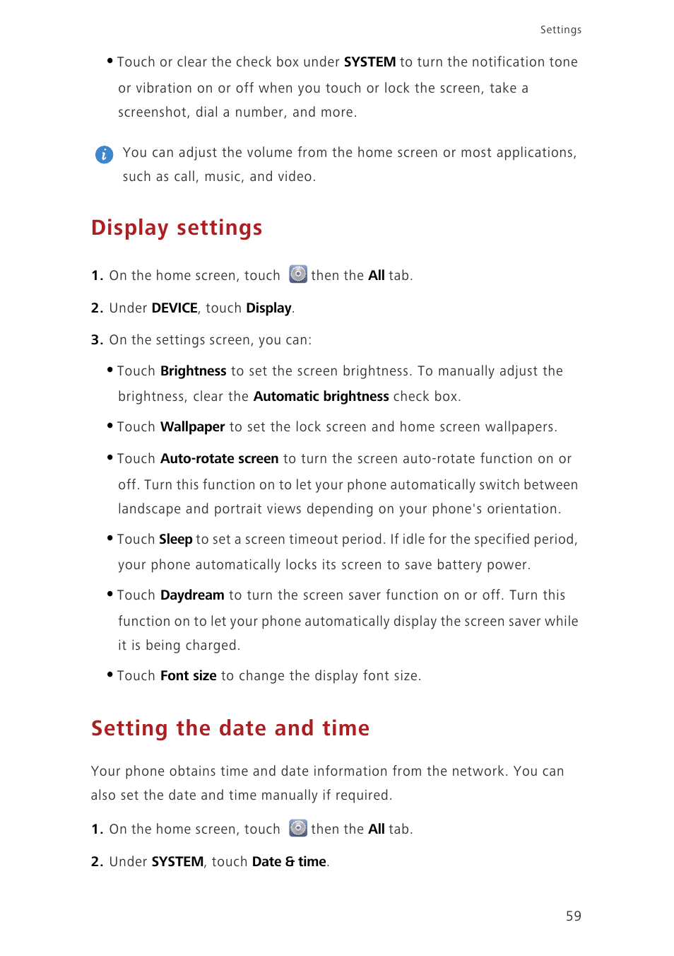 Display settings, Setting the date and time | Huawei Ascend G630-U20 User Guide User Manual | Page 63 / 69