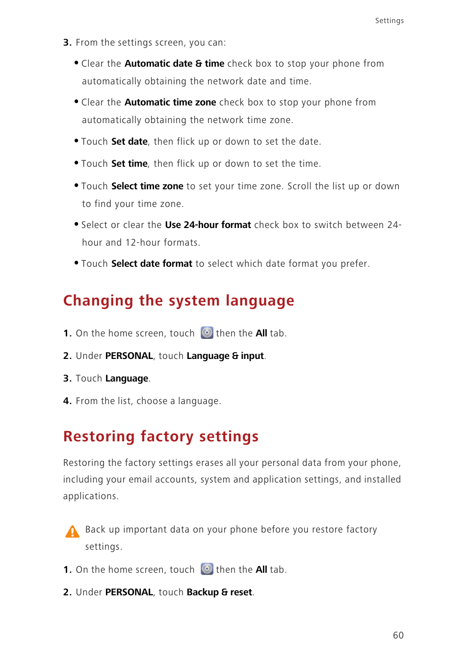 Changing the system language, Restoring factory settings | Huawei Ascend G630-U20 User Guide User Manual | Page 64 / 69