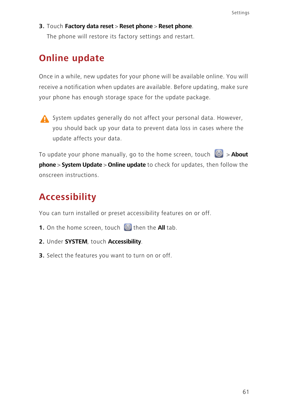 Online update, Accessibility | Huawei Ascend G630-U20 User Guide User Manual | Page 65 / 69