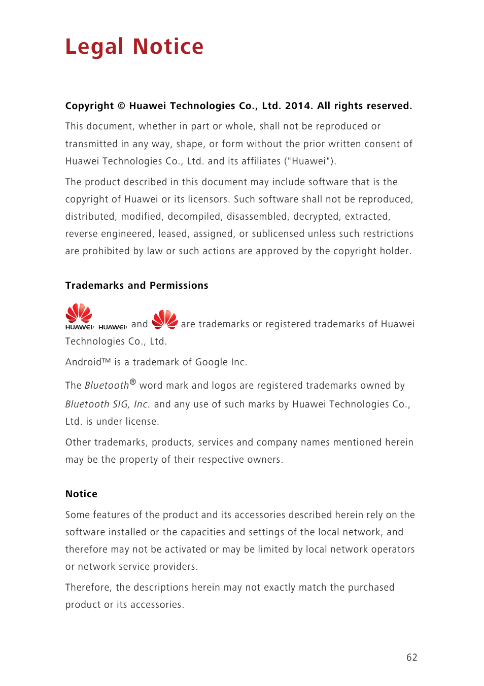 Legal notice, Trademarks and permissions, Notice | Huawei Ascend G630-U20 User Guide User Manual | Page 66 / 69