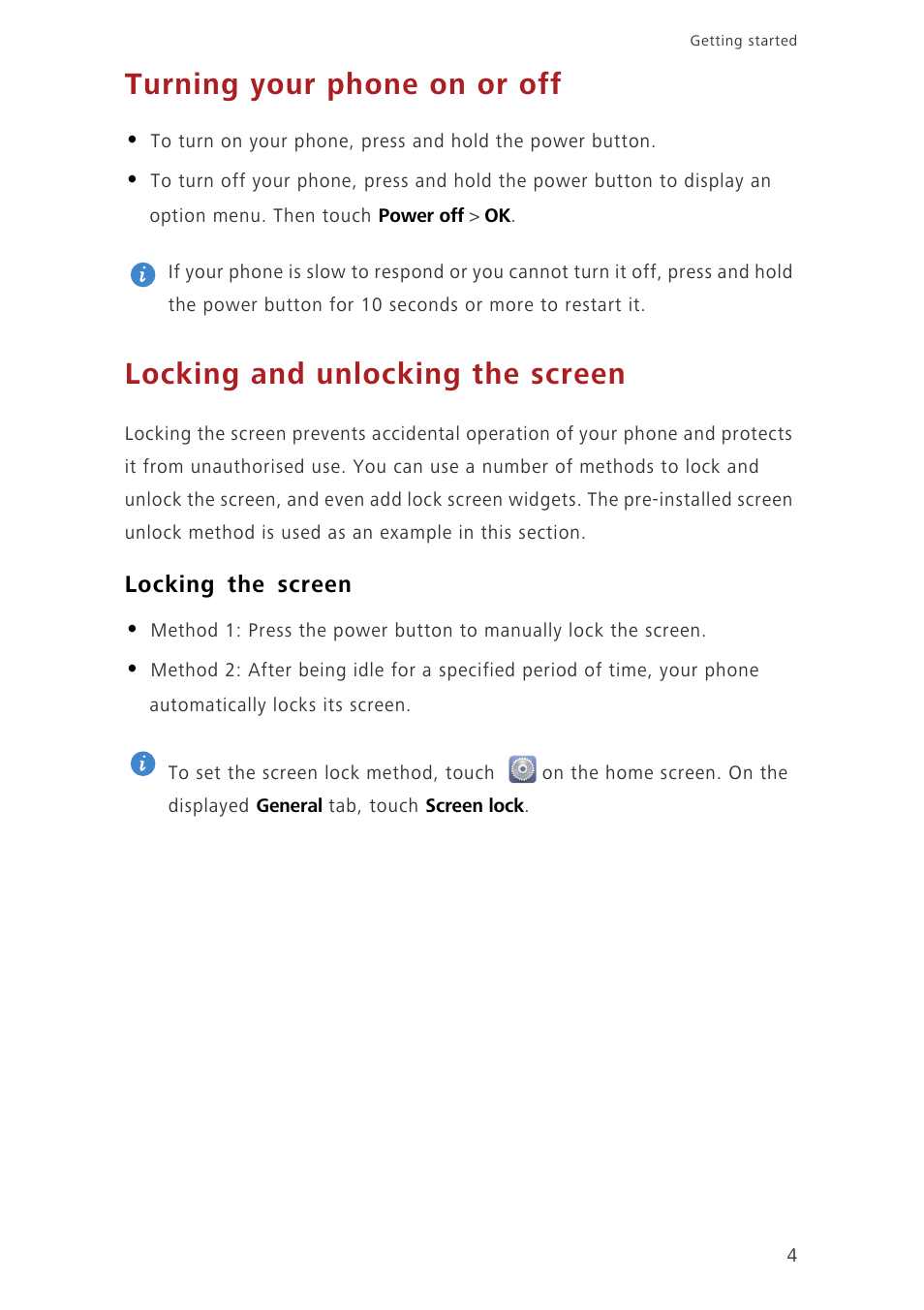 Turning your phone on or off, Locking and unlocking the screen, Locking the screen | Huawei Ascend G630-U20 User Guide User Manual | Page 8 / 69