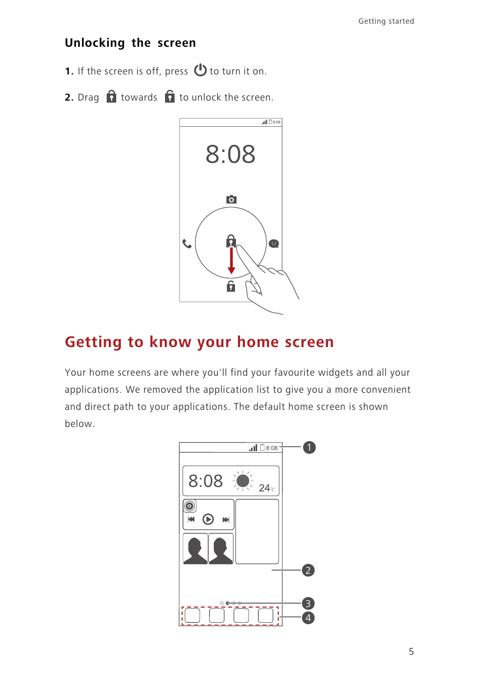 Unlocking the screen, Getting to know your home screen | Huawei Ascend G630-U20 User Guide User Manual | Page 9 / 69