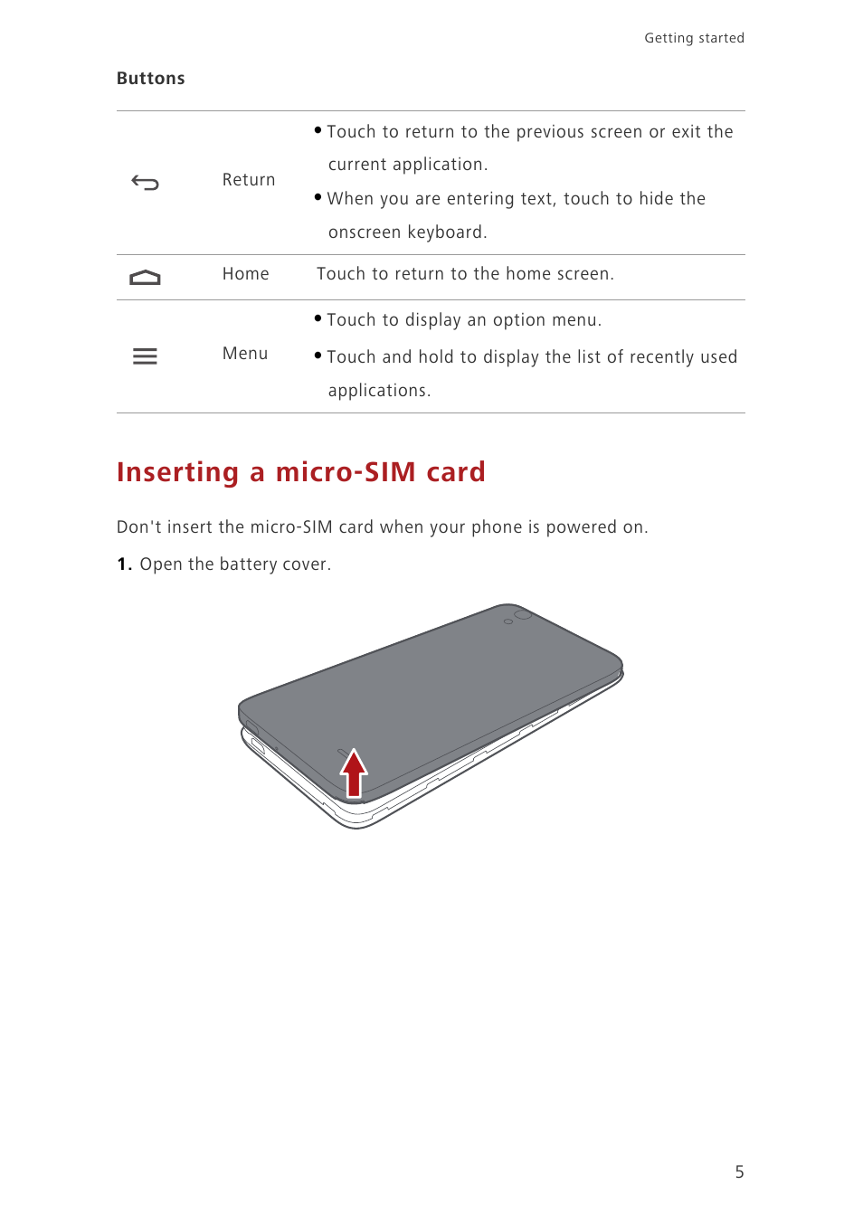 Inserting a micro-sim card | Huawei Ascend G630-U20 User Guide User Manual | Page 10 / 102