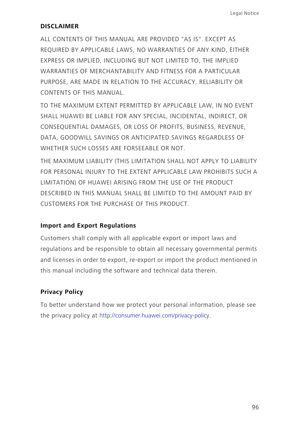 Disclaimer, Import and export regulations, Privacy policy | Huawei Ascend G630-U20 User Guide User Manual | Page 101 / 102