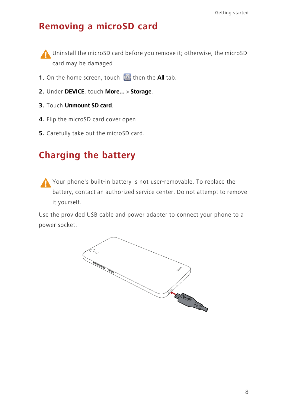 Removing a microsd card, Charging the battery | Huawei Ascend G630-U20 User Guide User Manual | Page 13 / 102