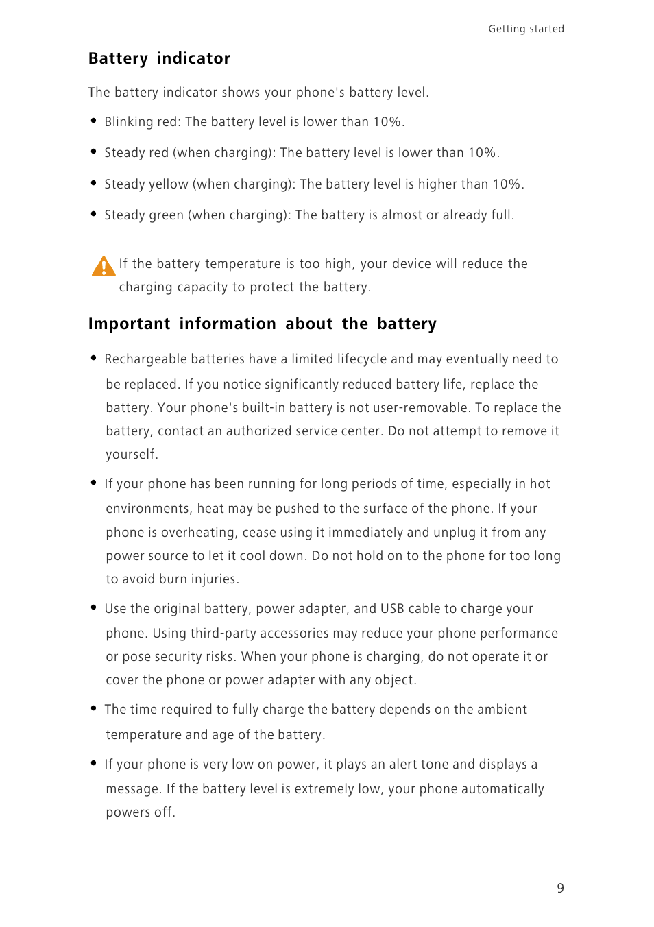 Battery indicator, Important information about the battery | Huawei Ascend G630-U20 User Guide User Manual | Page 14 / 102