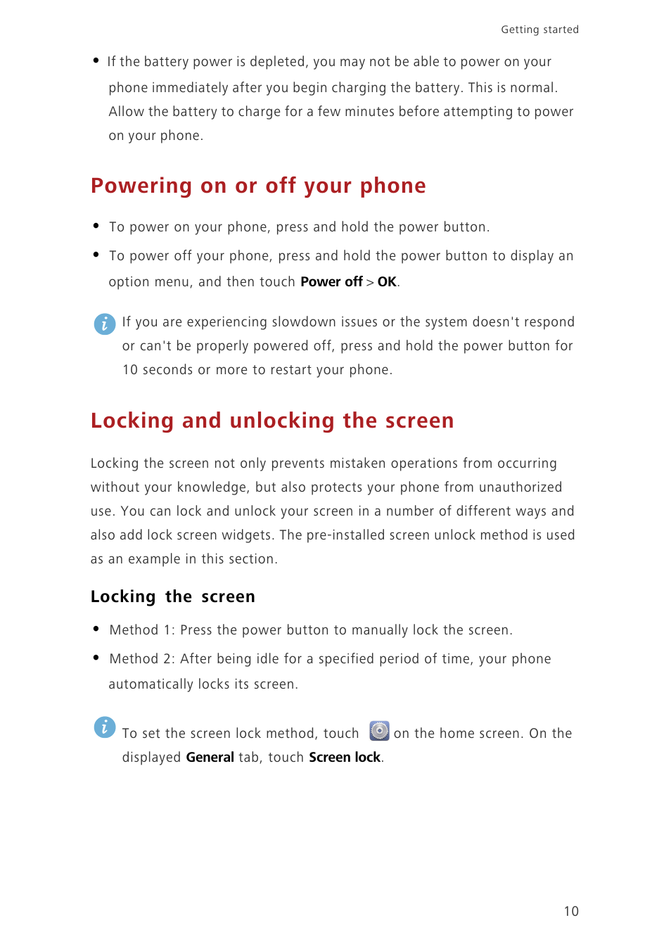 Powering on or off your phone, Locking and unlocking the screen, Locking the screen | Huawei Ascend G630-U20 User Guide User Manual | Page 15 / 102