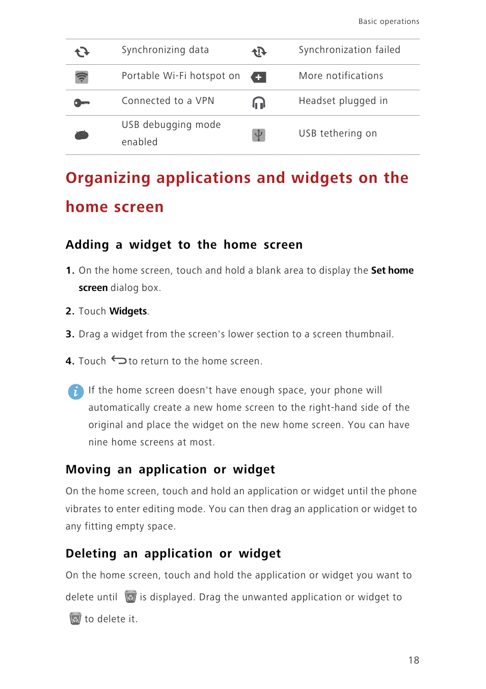 Adding a widget to the home screen, Moving an application or widget, Deleting an application or widget | Huawei Ascend G630-U20 User Guide User Manual | Page 23 / 102