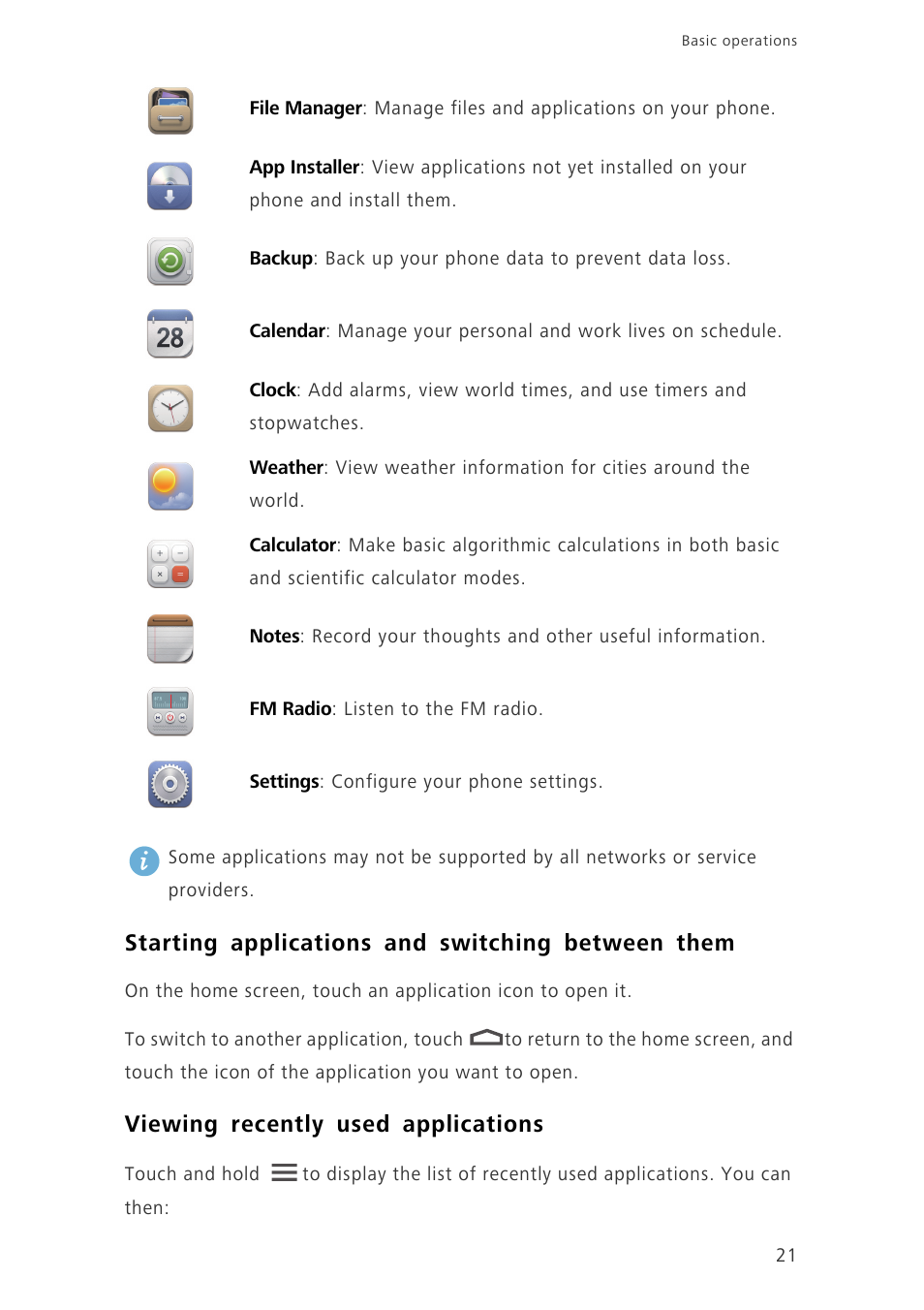 Starting applications and switching between them, Viewing recently used applications | Huawei Ascend G630-U20 User Guide User Manual | Page 26 / 102