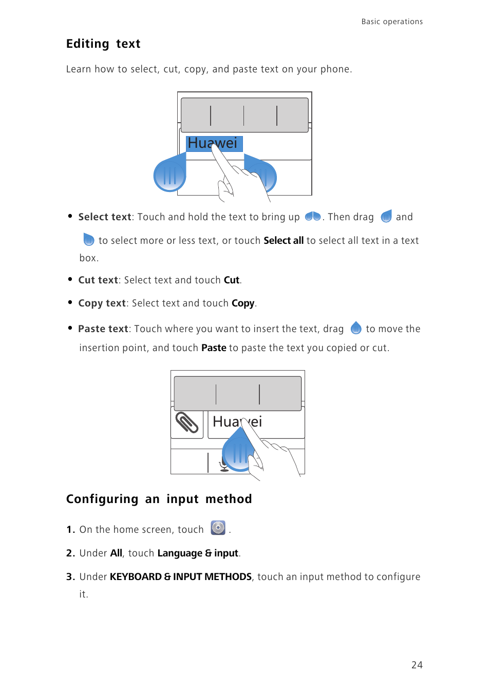 Editing text, Configuring an input method, G]ko | Huawei Ascend G630-U20 User Guide User Manual | Page 29 / 102