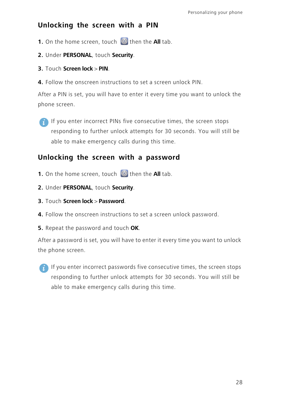 Unlocking the screen with a pin, Unlocking the screen with a password | Huawei Ascend G630-U20 User Guide User Manual | Page 33 / 102