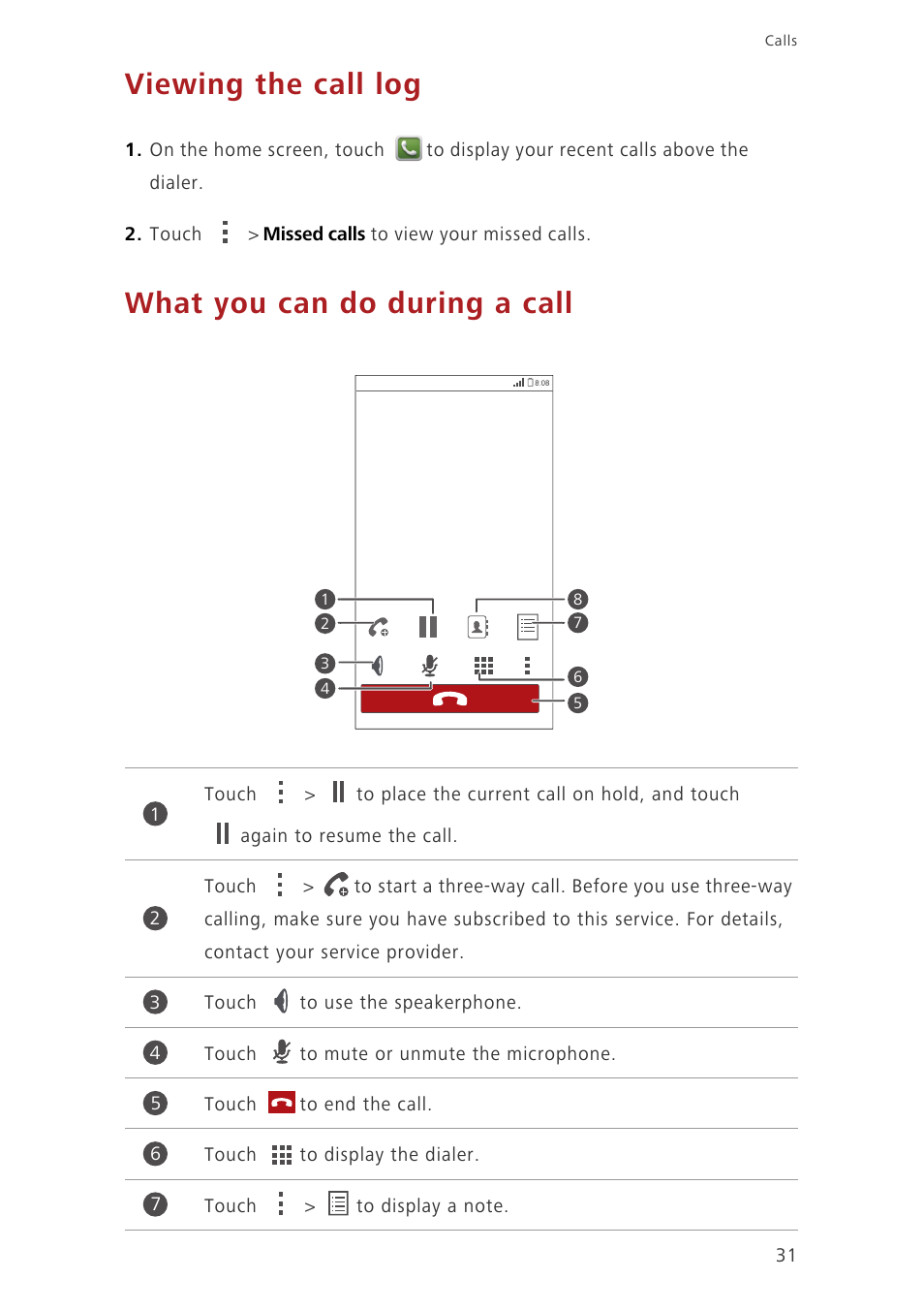 Viewing the call log, What you can do during a call | Huawei Ascend G630-U20 User Guide User Manual | Page 36 / 102