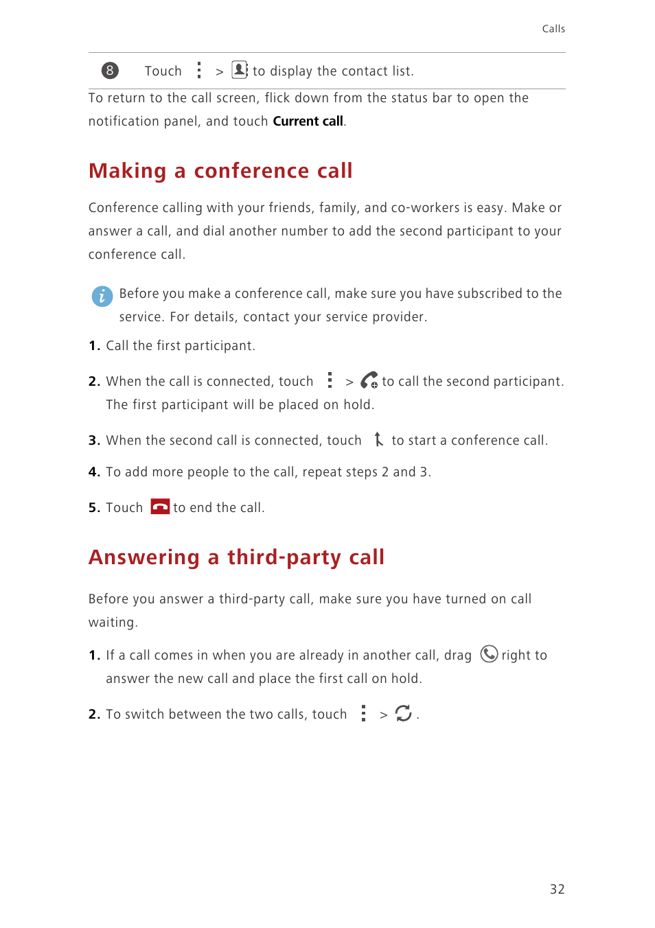 Making a conference call, Answering a third-party call | Huawei Ascend G630-U20 User Guide User Manual | Page 37 / 102