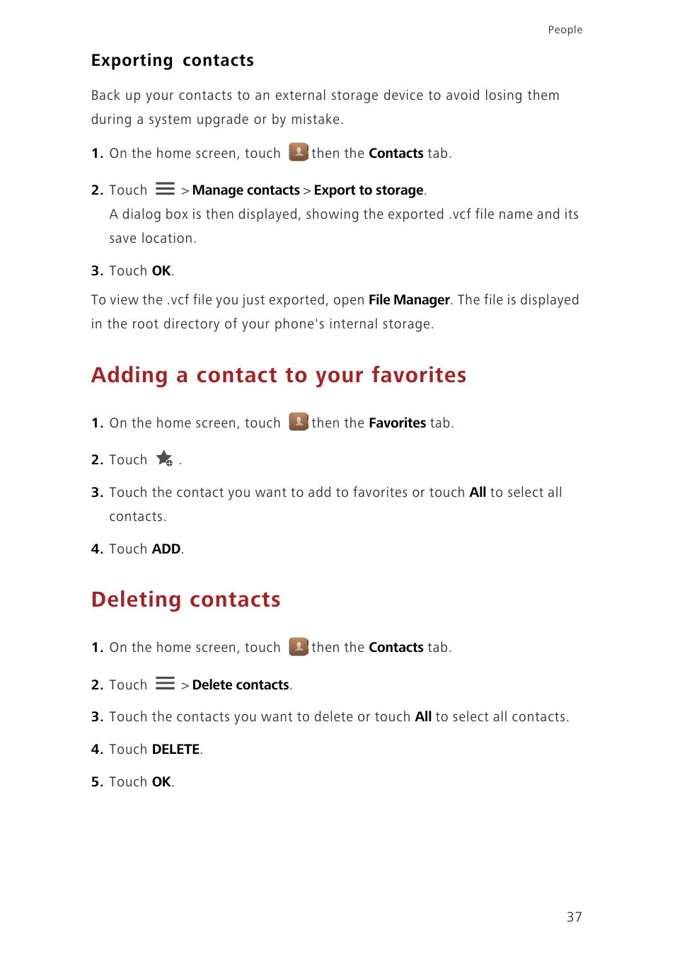 Exporting contacts, Adding a contact to your favorites, Deleting contacts | Huawei Ascend G630-U20 User Guide User Manual | Page 42 / 102