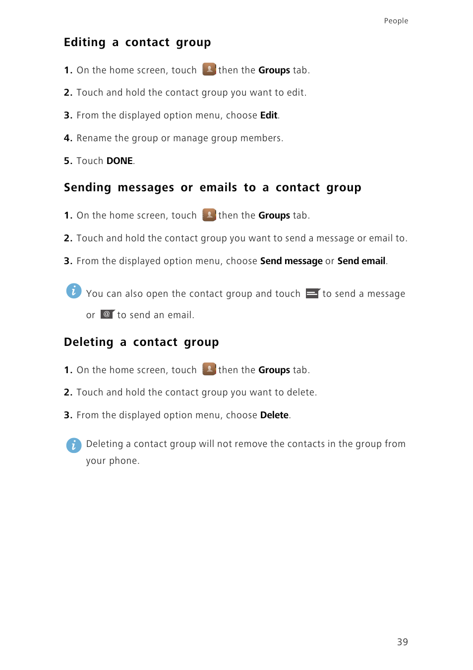 Editing a contact group, Sending messages or emails to a contact group, Deleting a contact group | Huawei Ascend G630-U20 User Guide User Manual | Page 44 / 102