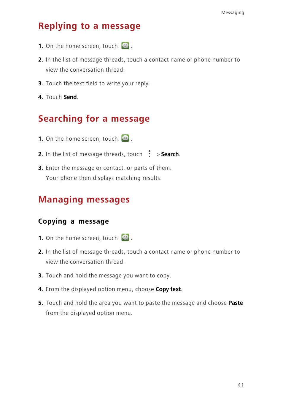 Replying to a message, Searching for a message, Managing messages | Copying a message | Huawei Ascend G630-U20 User Guide User Manual | Page 46 / 102