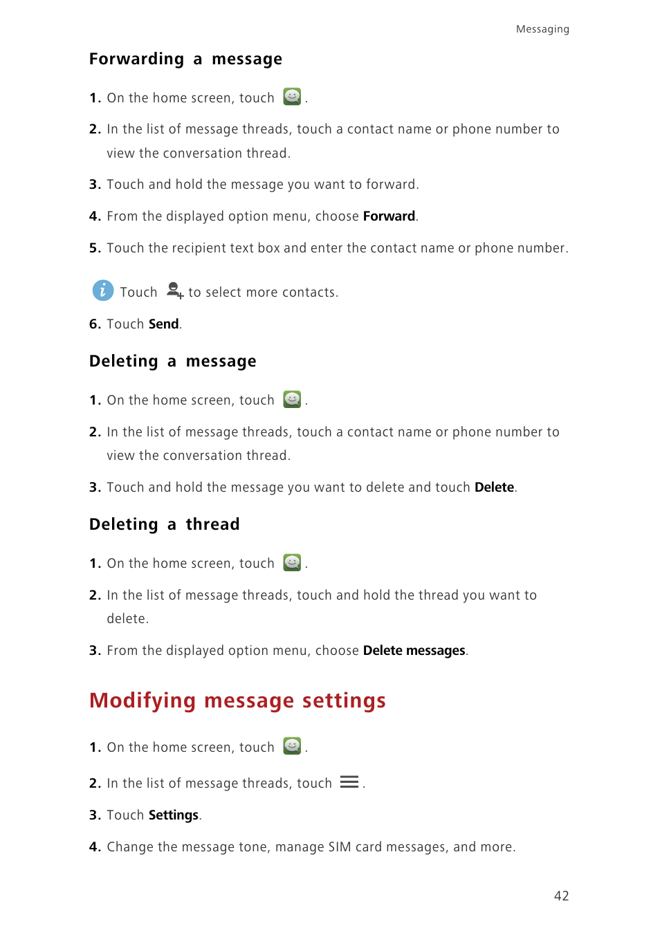 Forwarding a message, Deleting a message, Deleting a thread | Modifying message settings | Huawei Ascend G630-U20 User Guide User Manual | Page 47 / 102