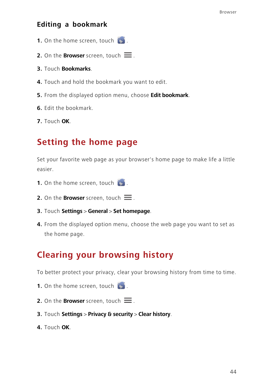 Editing a bookmark, Clearing your browsing history, Setting the home page | Huawei Ascend G630-U20 User Guide User Manual | Page 49 / 102