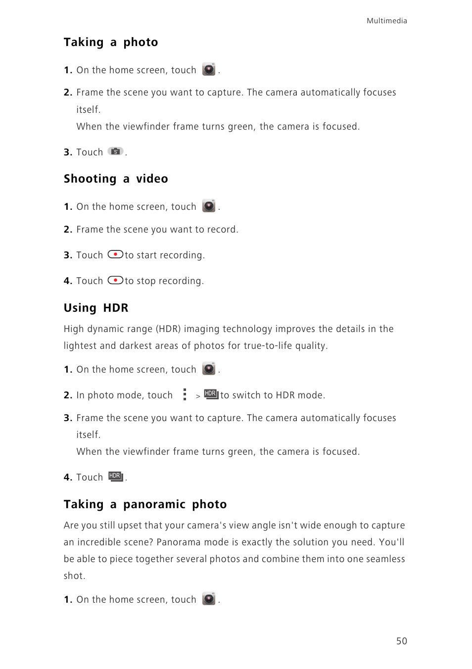 Taking a photo, Shooting a video, Using hdr | Taking a panoramic photo | Huawei Ascend G630-U20 User Guide User Manual | Page 55 / 102