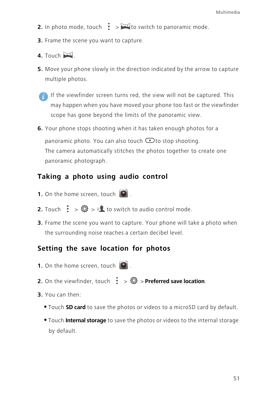 Taking a photo using audio control, Setting the save location for photos | Huawei Ascend G630-U20 User Guide User Manual | Page 56 / 102