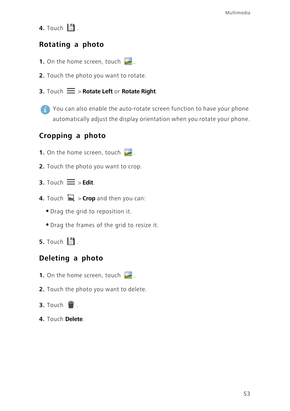 Rotating a photo, Cropping a photo, Deleting a photo | Huawei Ascend G630-U20 User Guide User Manual | Page 58 / 102
