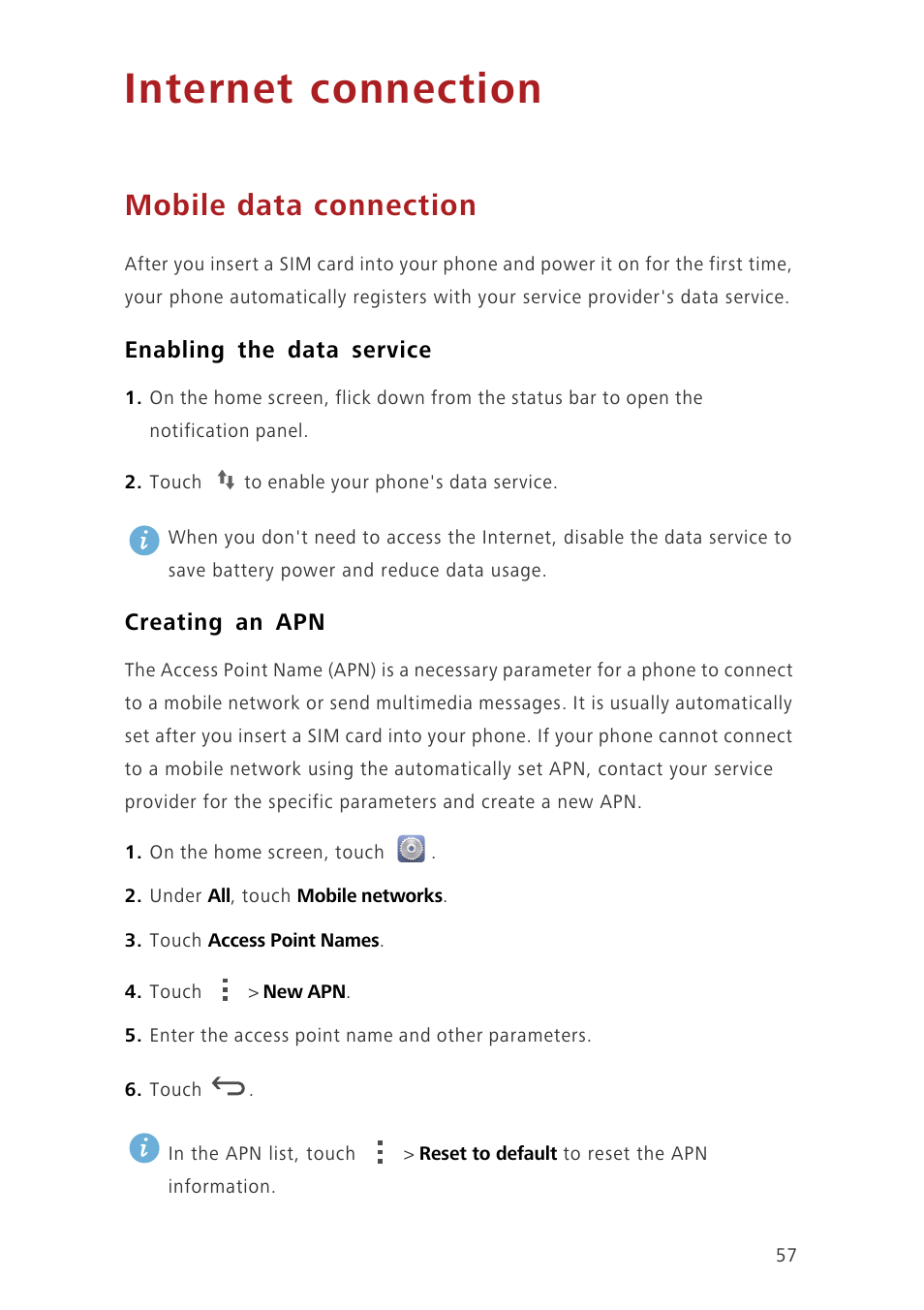 Internet connection, Mobile data connection, Enabling the data service | Creating an apn | Huawei Ascend G630-U20 User Guide User Manual | Page 62 / 102