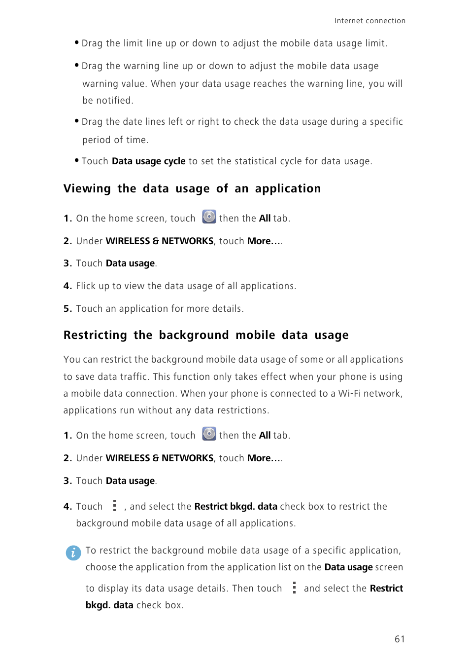 Viewing the data usage of an application, Restricting the background mobile data usage | Huawei Ascend G630-U20 User Guide User Manual | Page 66 / 102