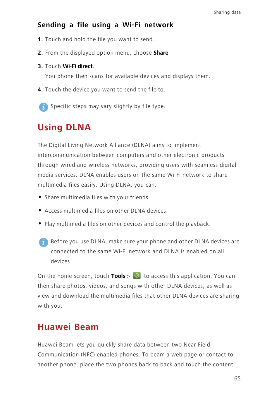 Sending a file using a wi-fi network, Using dlna, Huawei beam | Huawei Ascend G630-U20 User Guide User Manual | Page 70 / 102