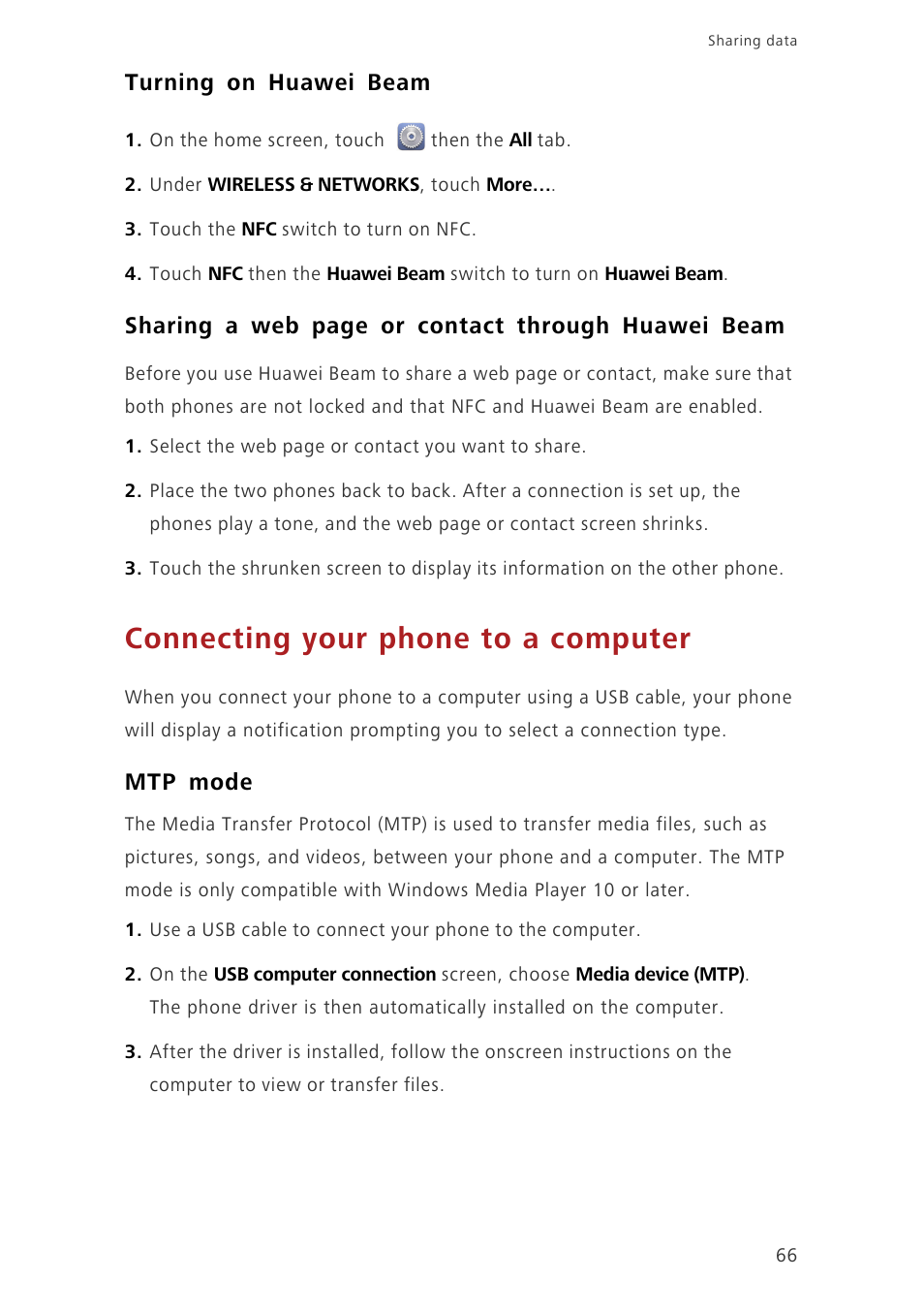 Turning on huawei beam, Connecting your phone to a computer, Mtp mode | Sharing a web page or contact through huawei beam | Huawei Ascend G630-U20 User Guide User Manual | Page 71 / 102