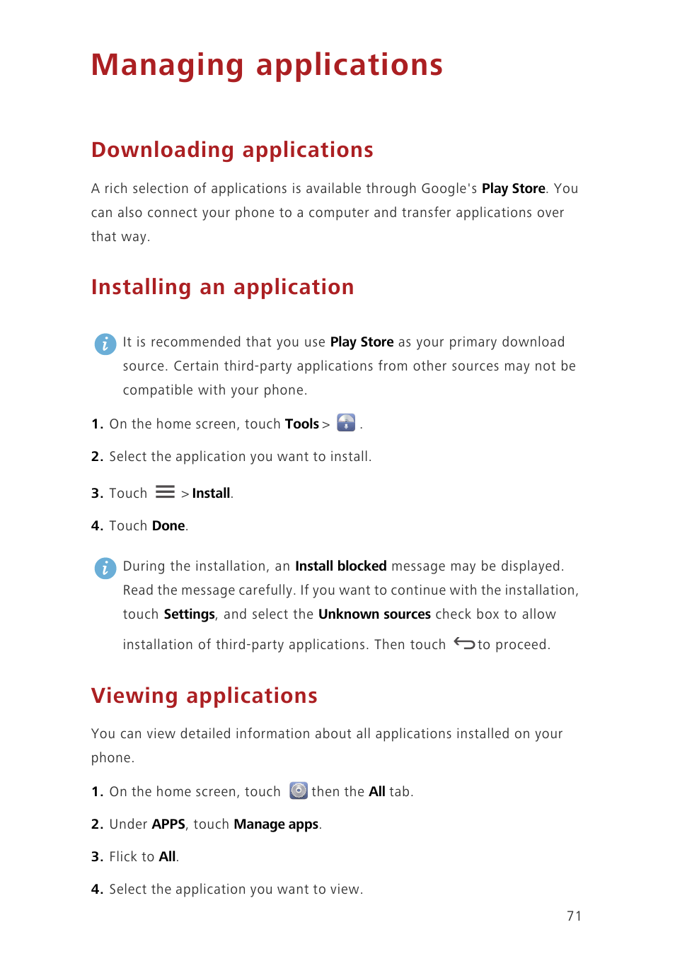 Managing applications, Downloading applications, Installing an application | Viewing applications | Huawei Ascend G630-U20 User Guide User Manual | Page 76 / 102