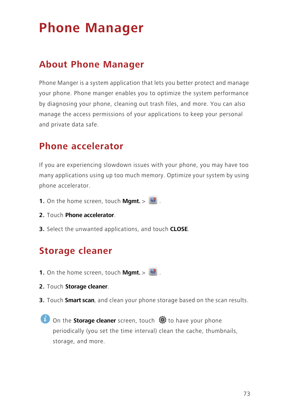 Phone manager, About phone manager, Phone accelerator | Storage cleaner | Huawei Ascend G630-U20 User Guide User Manual | Page 78 / 102