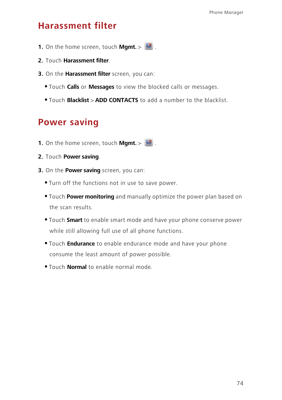 Harassment filter, Power saving | Huawei Ascend G630-U20 User Guide User Manual | Page 79 / 102