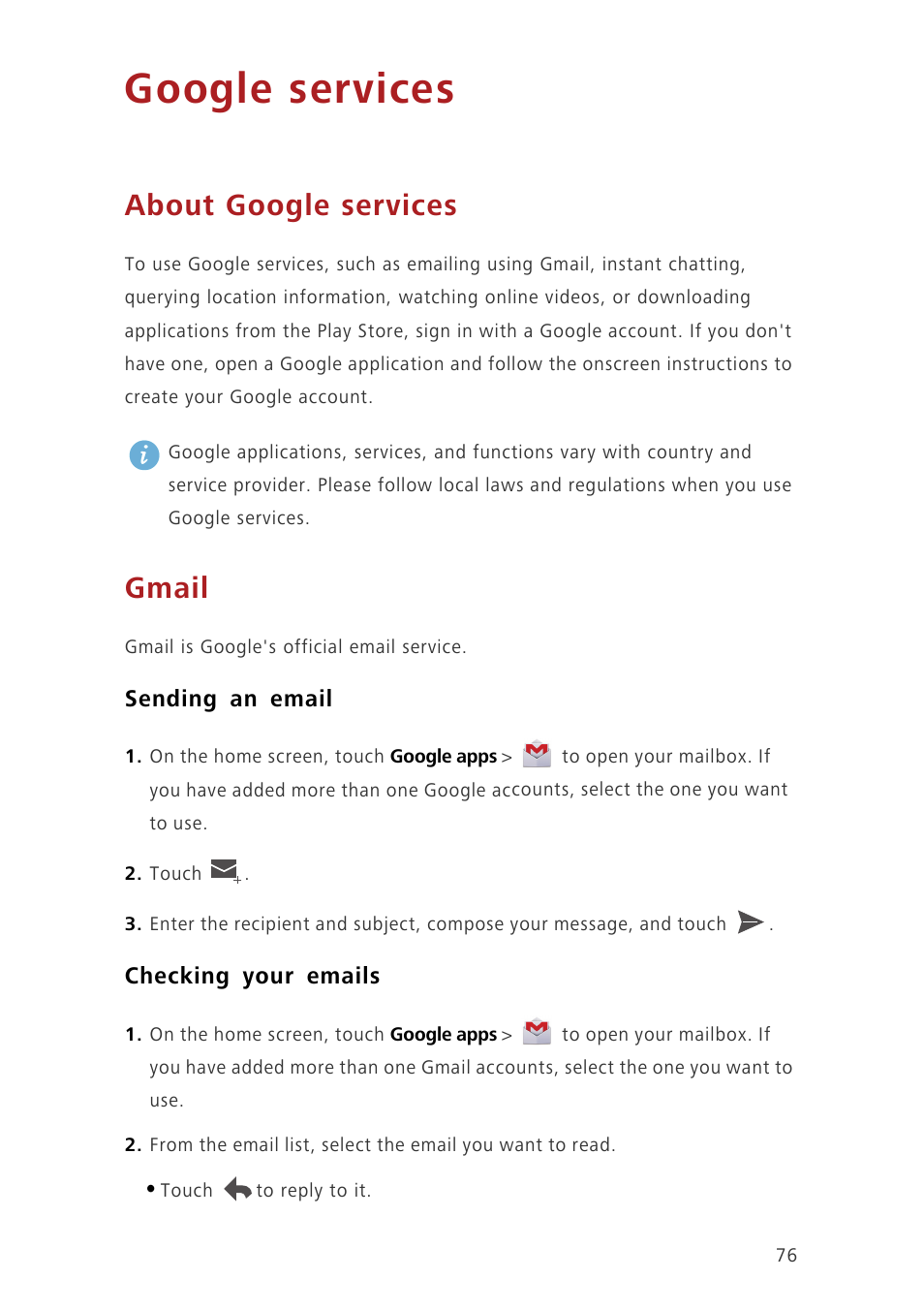 Google services, About google services, Gmail | Sending an email, Checking your emails | Huawei Ascend G630-U20 User Guide User Manual | Page 81 / 102