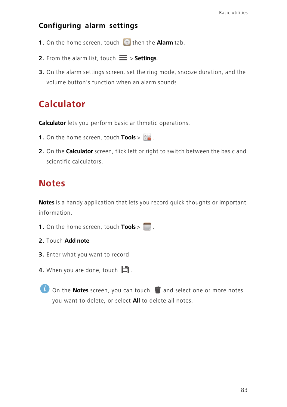 Configuring alarm settings, Calculator, Notes | Huawei Ascend G630-U20 User Guide User Manual | Page 88 / 102