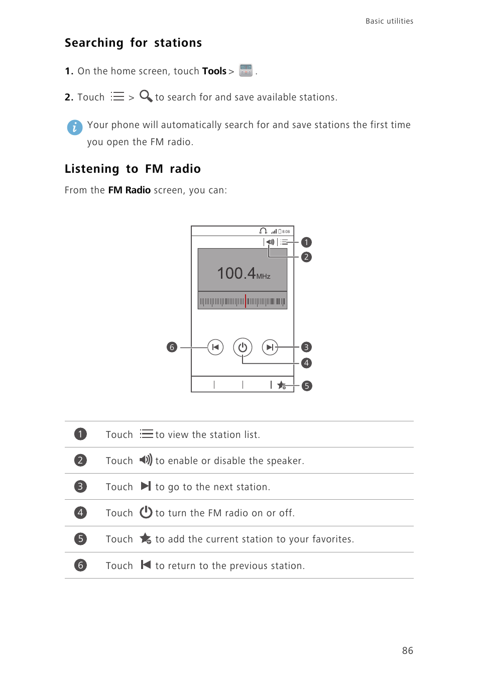 Searching for stations, Listening to fm radio | Huawei Ascend G630-U20 User Guide User Manual | Page 91 / 102