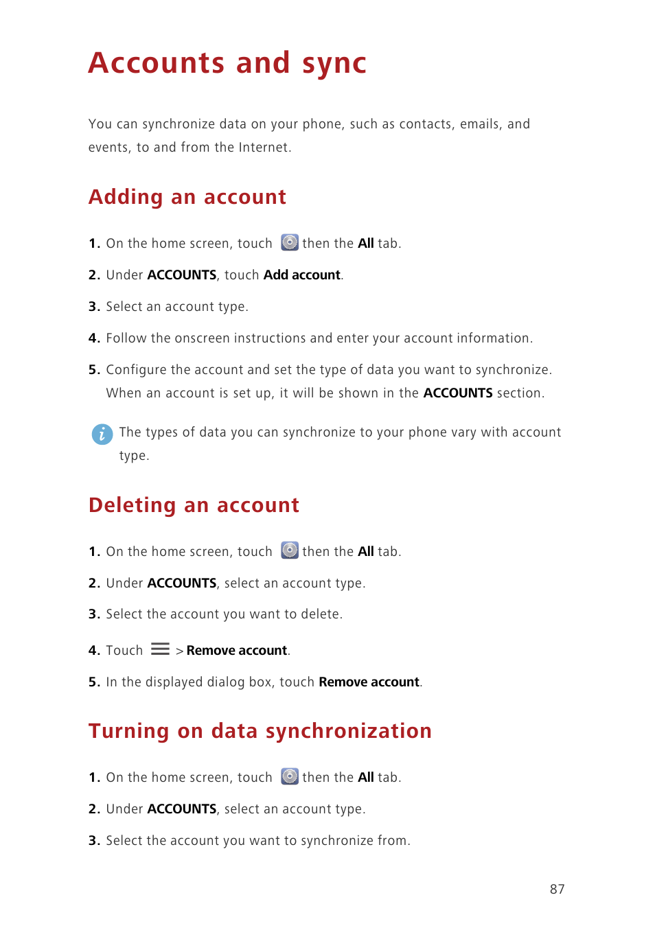 Accounts and sync, Adding an account, Deleting an account | Turning on data synchronization | Huawei Ascend G630-U20 User Guide User Manual | Page 92 / 102