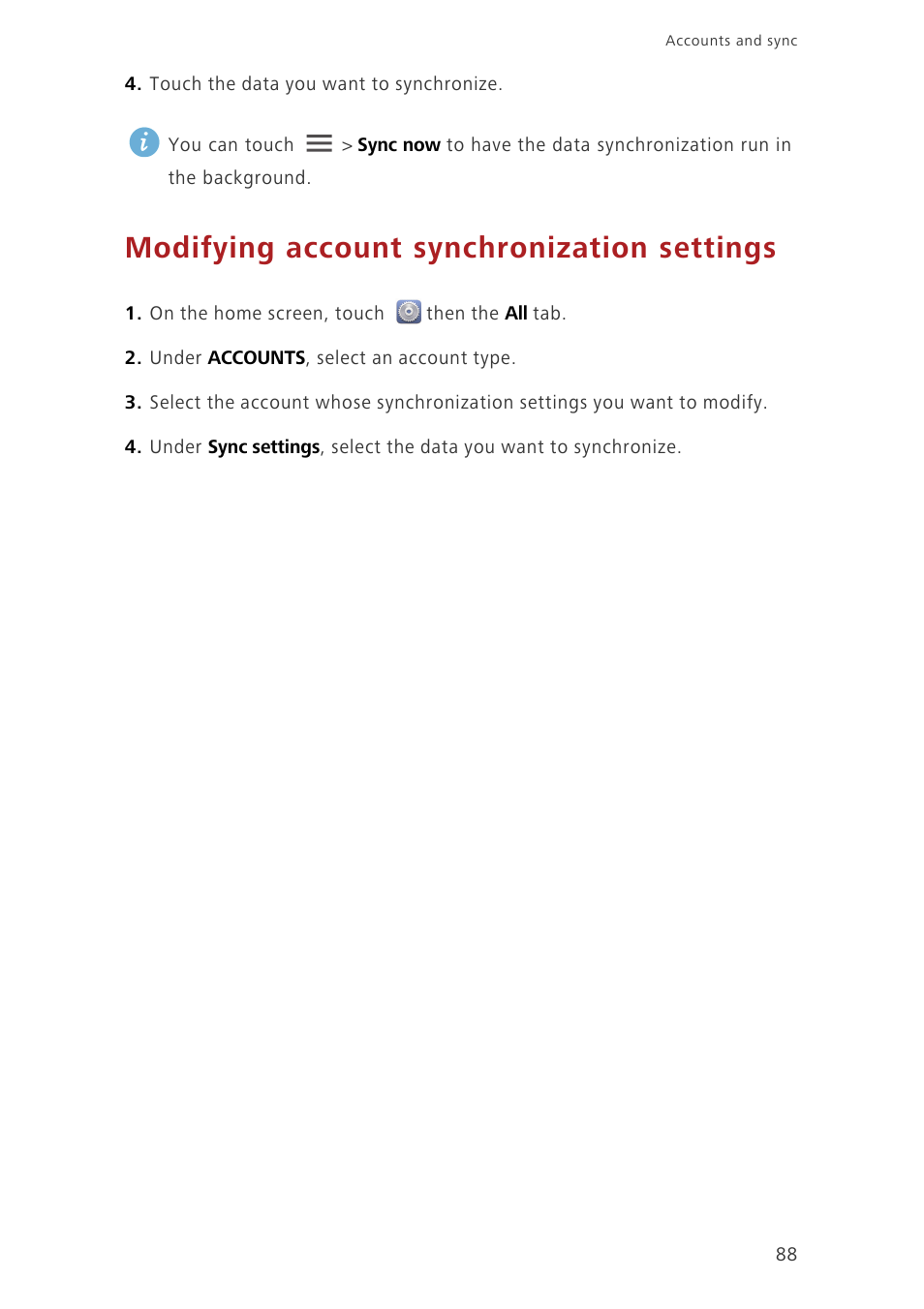 Modifying account synchronization settings | Huawei Ascend G630-U20 User Guide User Manual | Page 93 / 102