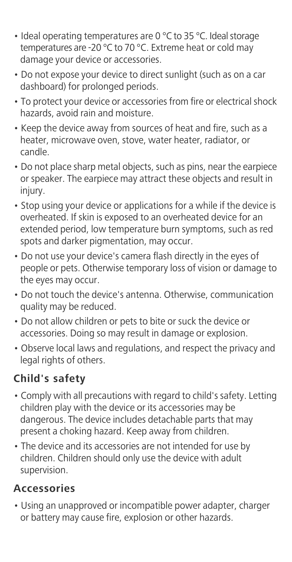 Child's safety, Accessories | Huawei Ascend G630-U251 Quick Start User Manual | Page 13 / 24