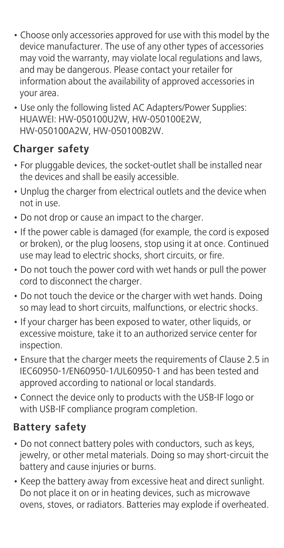 Charger safety, Battery safety | Huawei Ascend G630-U251 Quick Start User Manual | Page 14 / 24