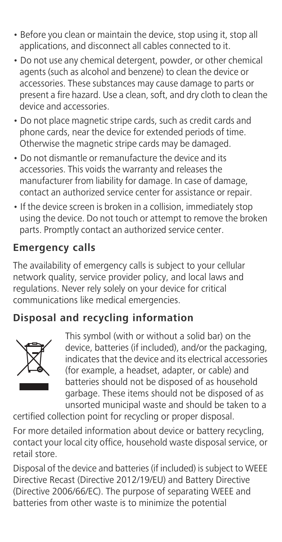 Emergency calls, Disposal and recycling information | Huawei Ascend G630-U251 Quick Start User Manual | Page 16 / 24