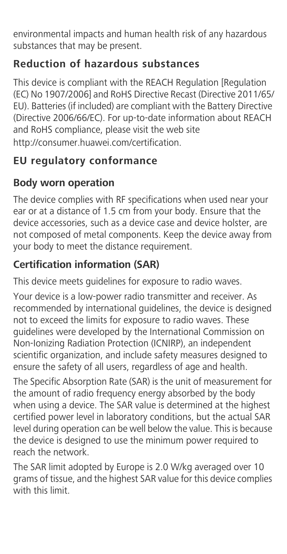 Reduction of hazardous substances, Eu regulatory conformance | Huawei Ascend G630-U251 Quick Start User Manual | Page 17 / 24