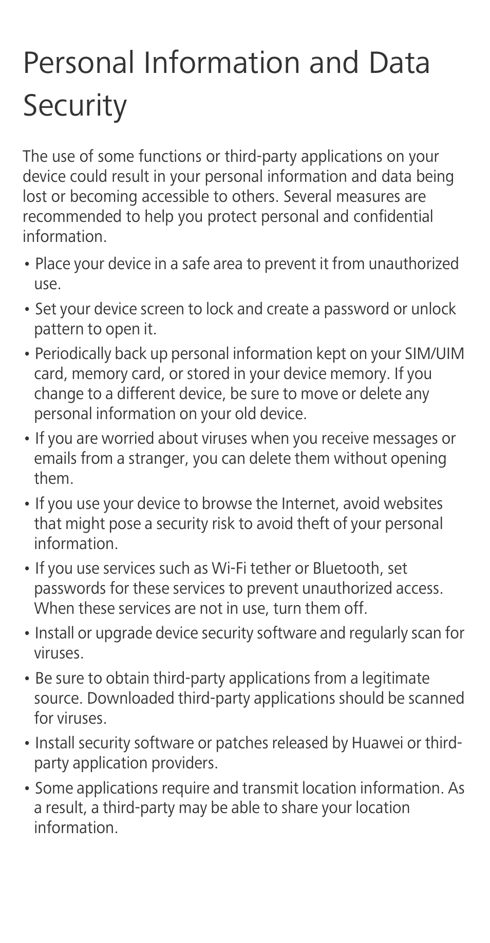 Personal information and data security | Huawei Ascend G630-U251 Quick Start User Manual | Page 20 / 24