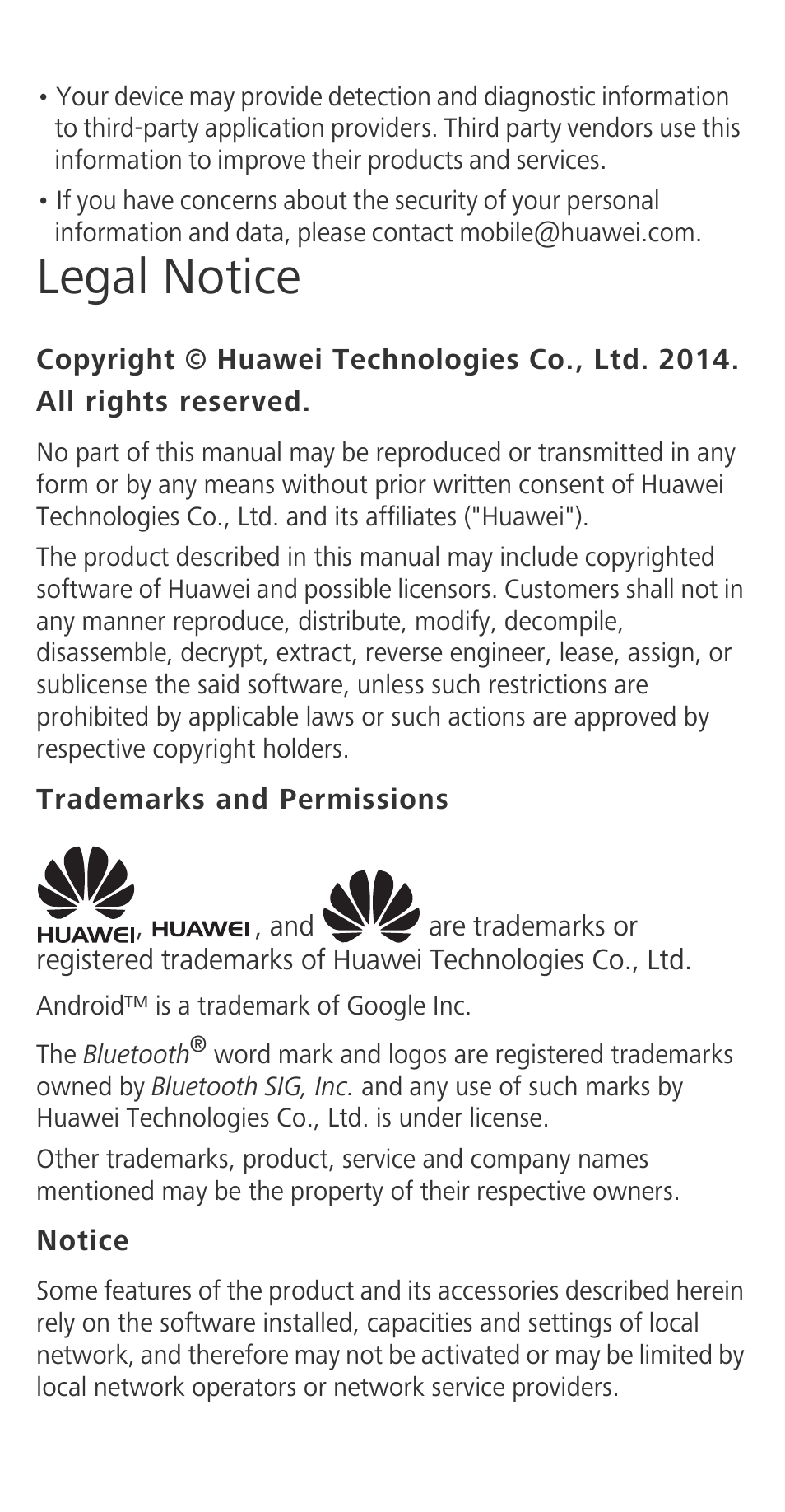 Legal notice, Trademarks and permissions, Notice | Huawei Ascend G630-U251 Quick Start User Manual | Page 21 / 24