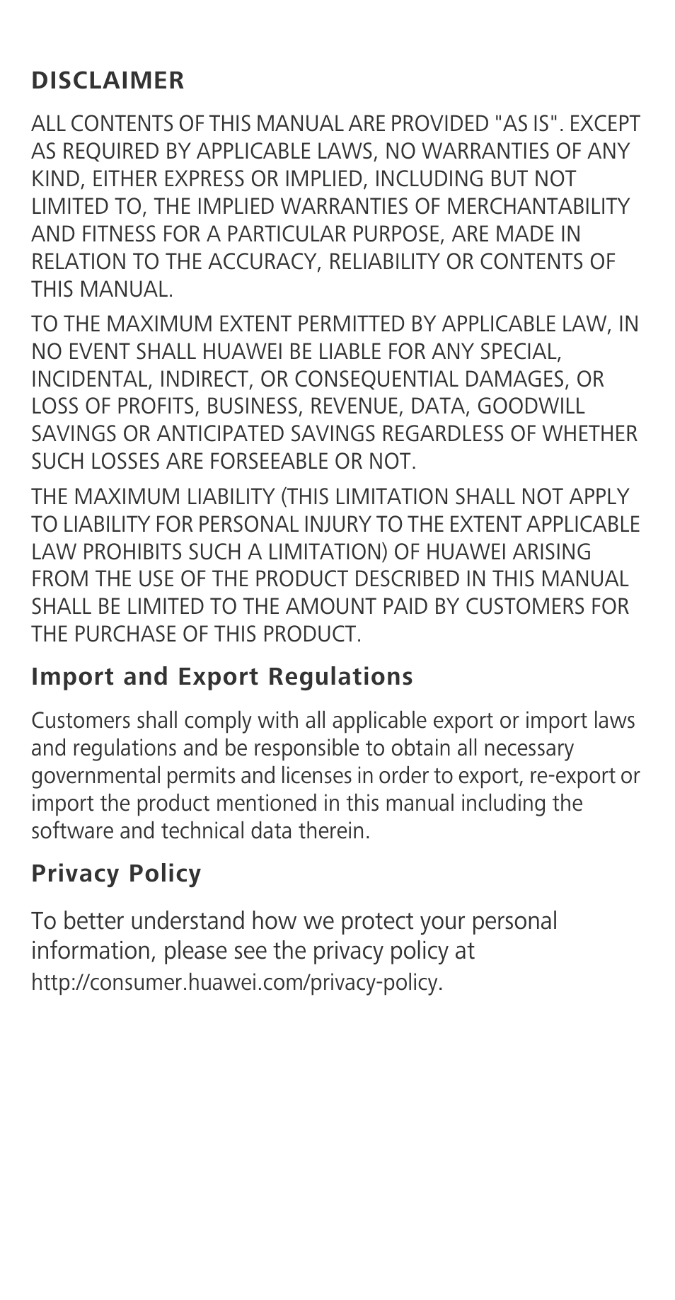 Disclaimer, Import and export regulations, Privacy policy | Huawei Ascend G630-U251 Quick Start User Manual | Page 23 / 24